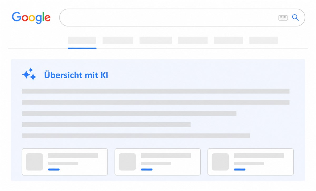 Schematische Google AI Overview mit generierter Antwort und weiterführenden Quellen