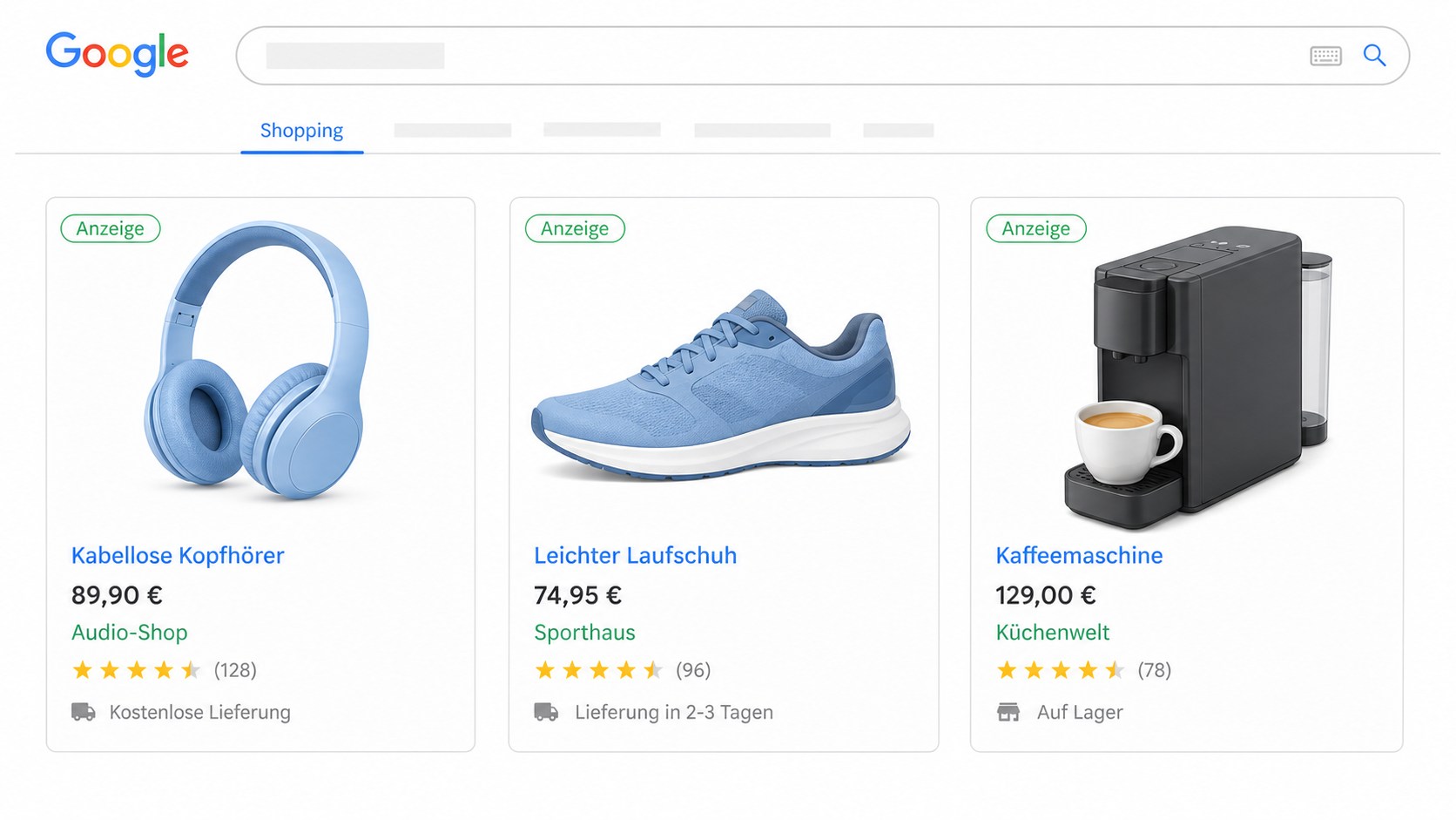 Schematische Google Shopping Anzeigen mit Produktbild, Preis, Händler, Bewertung und Lieferangabe